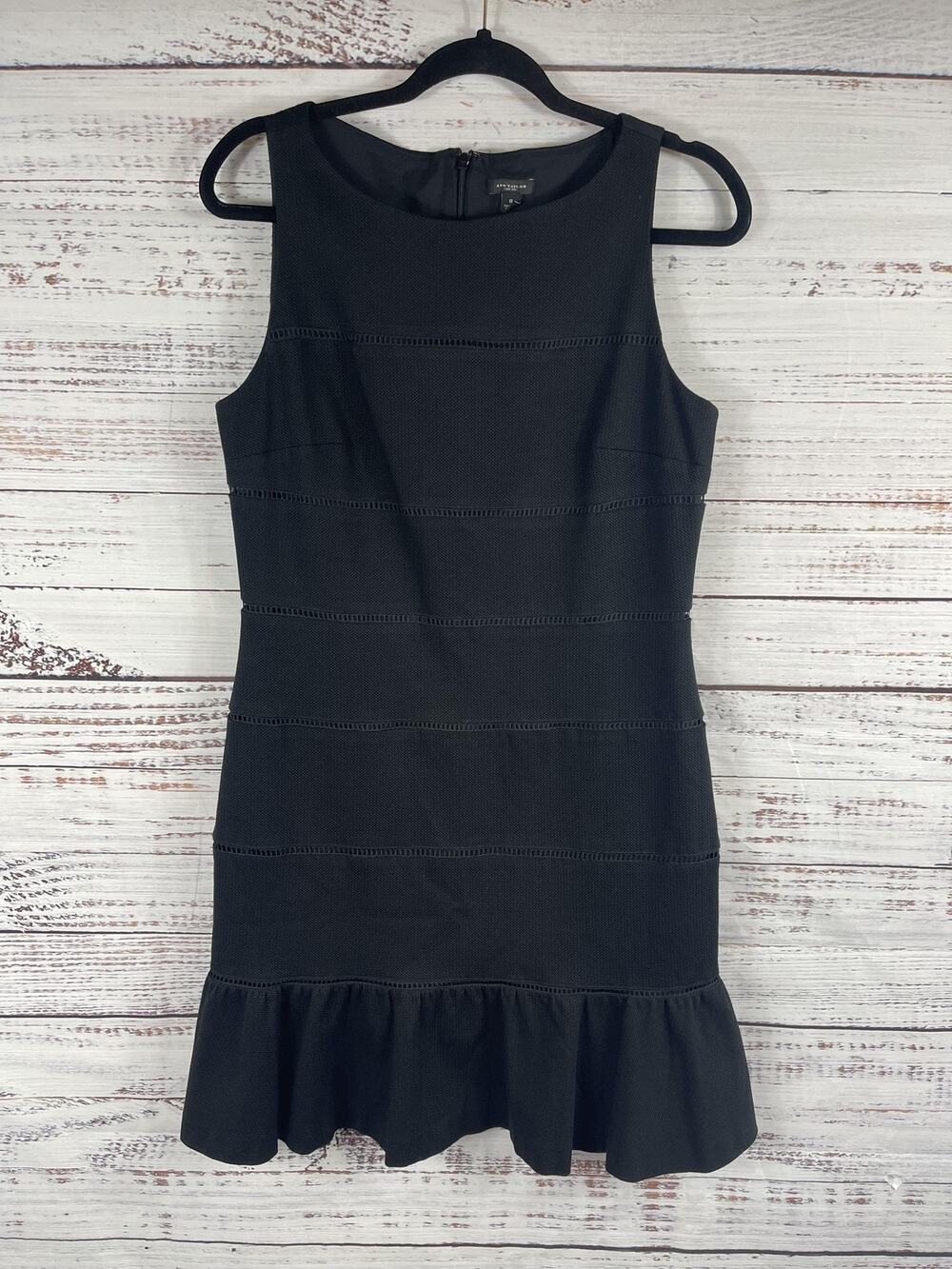 Ann Taylor Dress Women's 8 Black Sleeveless Sheath Ruffle Hem Ladder Trim Eyelet